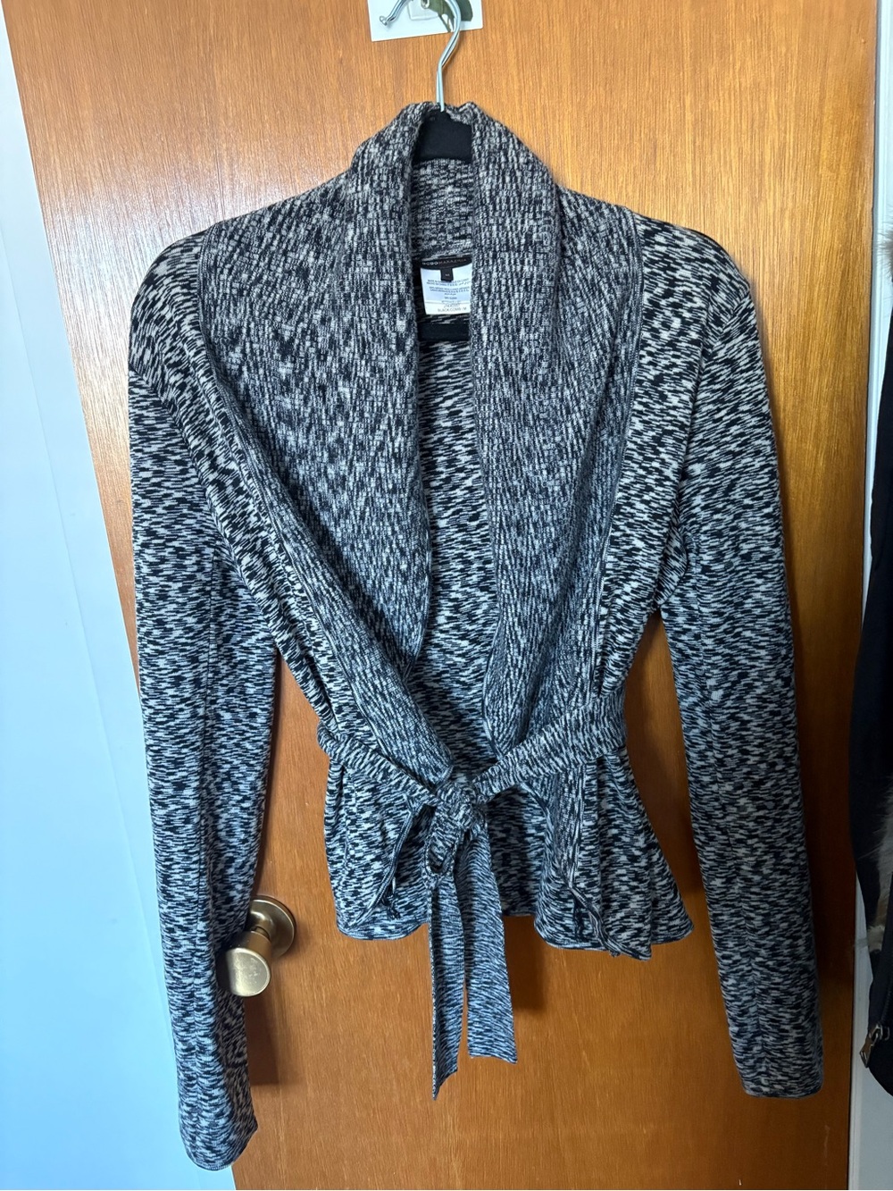 BCBG MAX AZARIA Black & White Shawl Collar Tie-Waist Women's Sweater